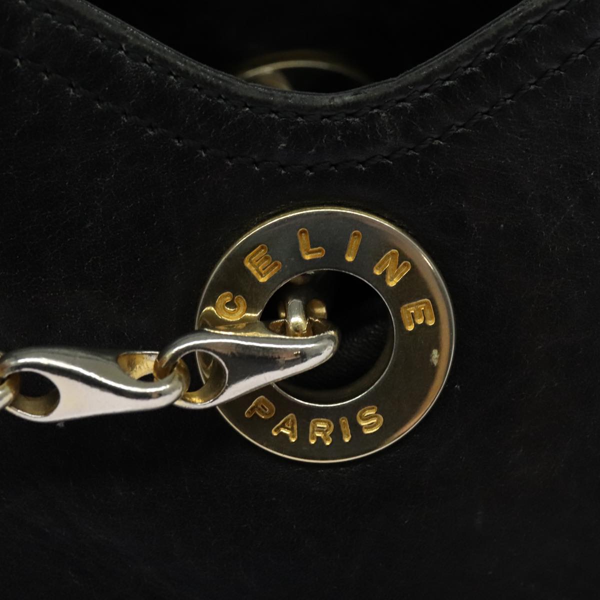 CELINE Chain Shoulder Bag Leather Black Gold Auth 110823