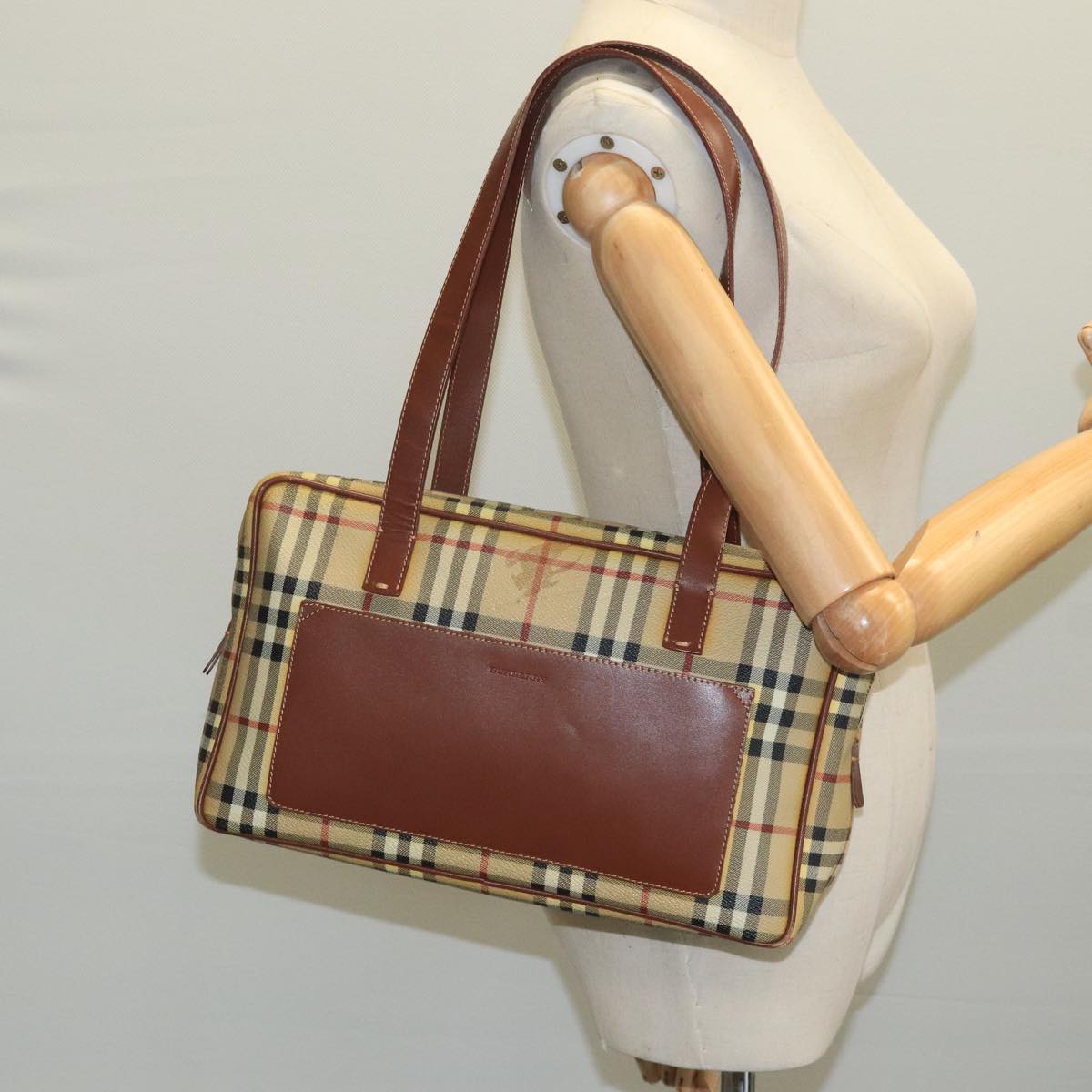 BURBERRY Nova Check Shoulder Bag PVC Beige Brown gold Auth 110832