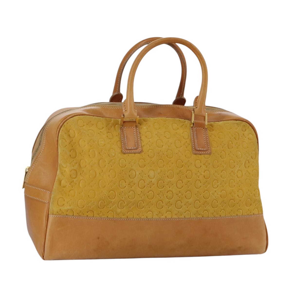 CELINE C Macadam Canvas Hand Bag Suede Leather Yellow Gold Auth 111108