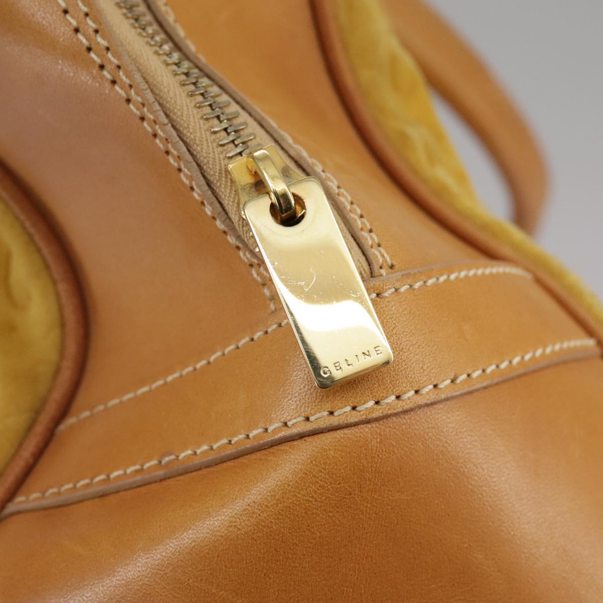 CELINE C Macadam Canvas Hand Bag Suede Leather Yellow Gold Auth 111108