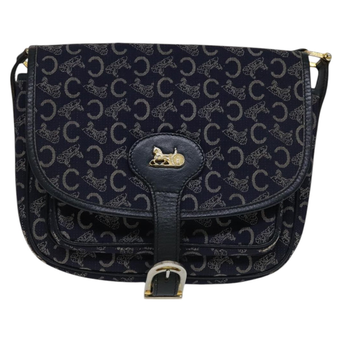 CELINE C Sulky Shoulder Bag Canvas Navy Gold Auth 111109