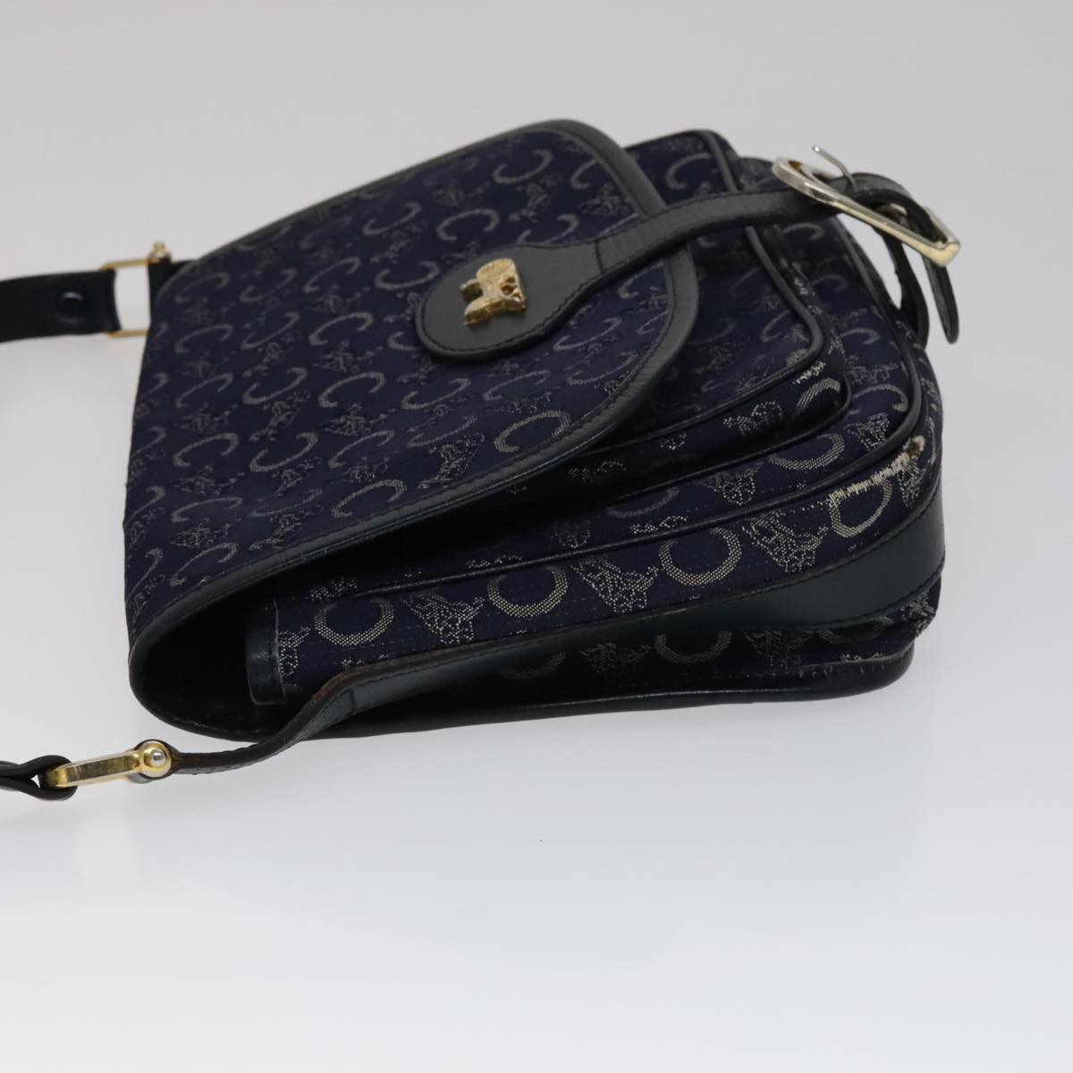 CELINE C Sulky Shoulder Bag Canvas Navy Gold Auth 111109