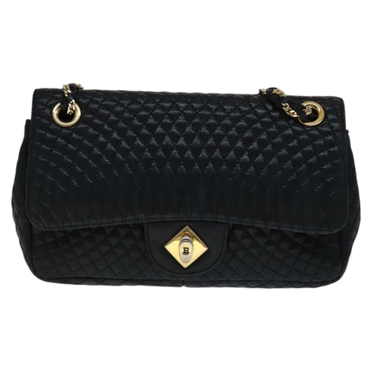 BALLY Quilted Chain Shoulder Bag Leather Black Gold Auth 111116