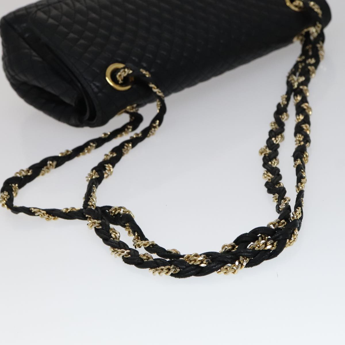 BALLY Quilted Chain Shoulder Bag Leather Black Gold Auth 111116