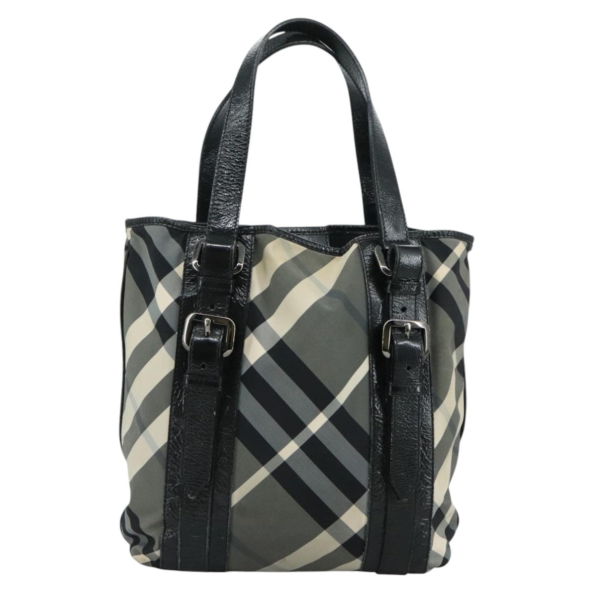 BURBERRY Nova Check Tote Bag PVC Enamel Gray Black Auth 111120