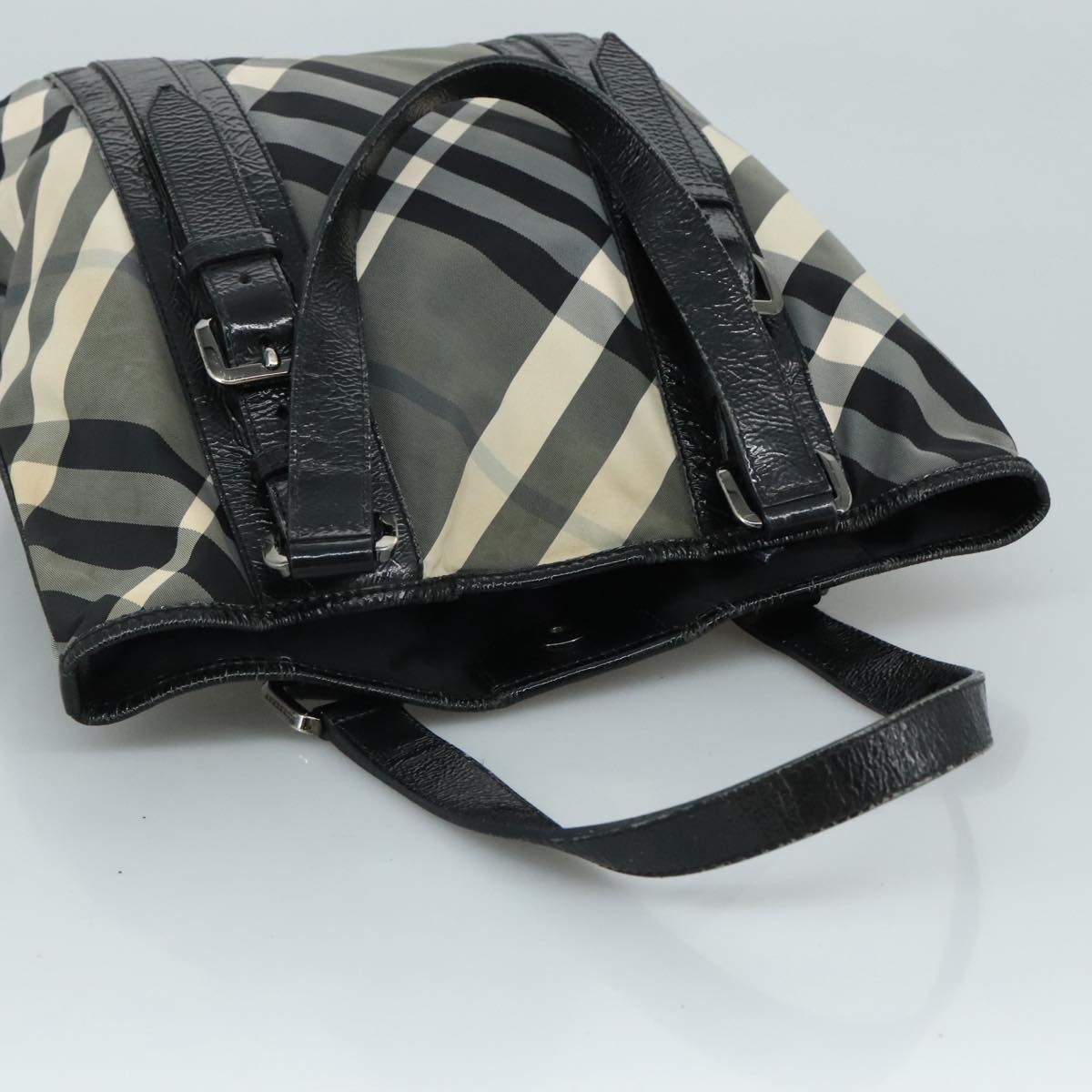 BURBERRY Nova Check Tote Bag PVC Enamel Gray Black Auth 111120