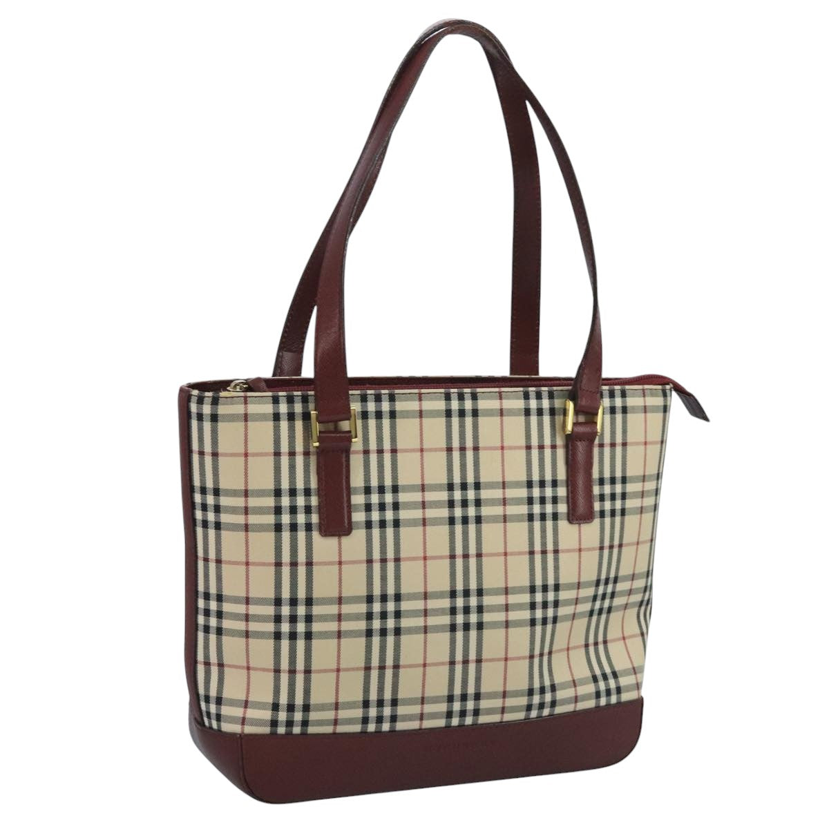 BURBERRY Nova Check Tote Bag Canvas Leather Beige Red gold Auth 111204