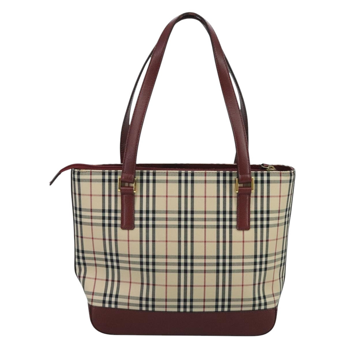 BURBERRY Nova Check Tote Bag Canvas Leather Beige Red gold Auth 111204