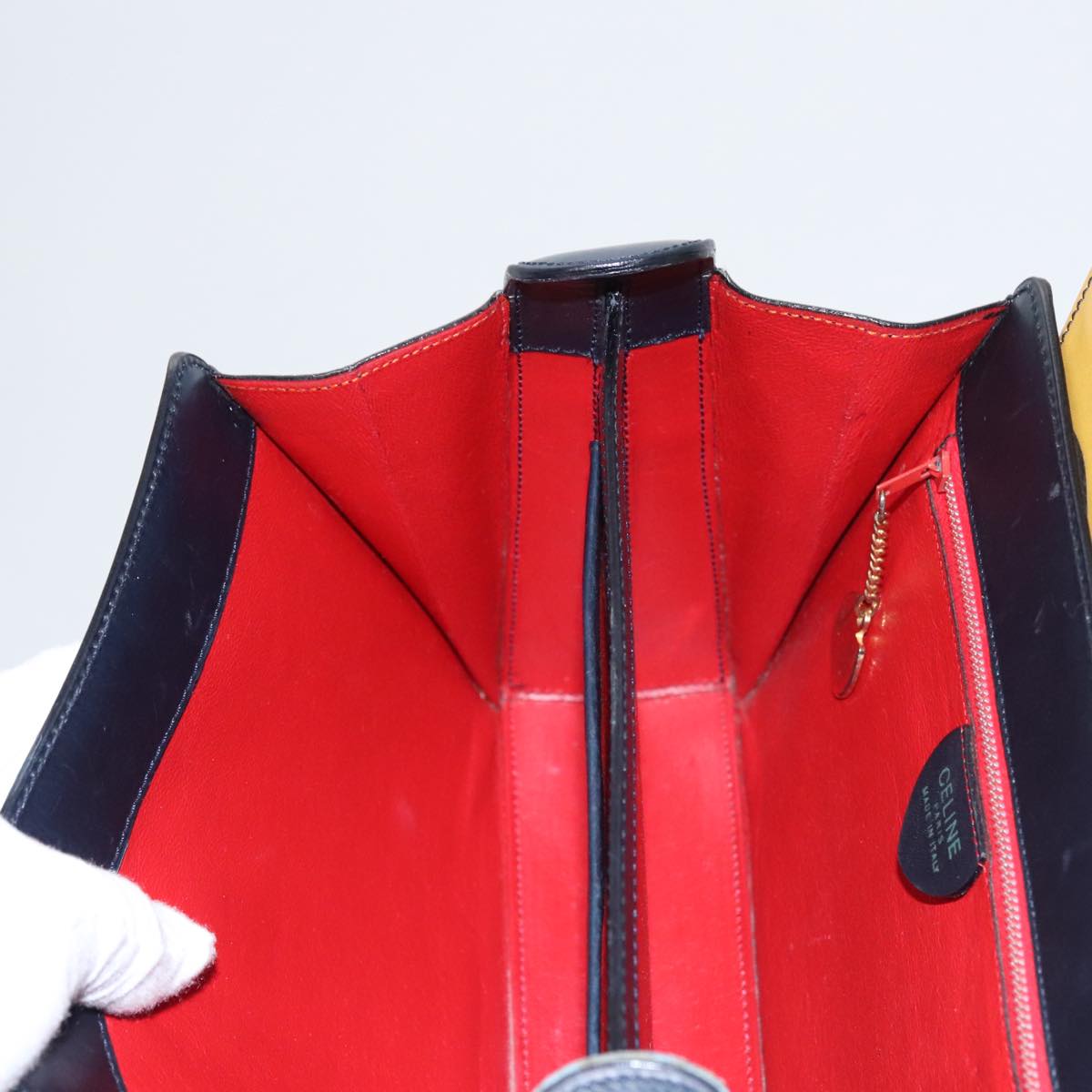 CELINE Hand Bag Leather Navy Red yellow Auth 111305