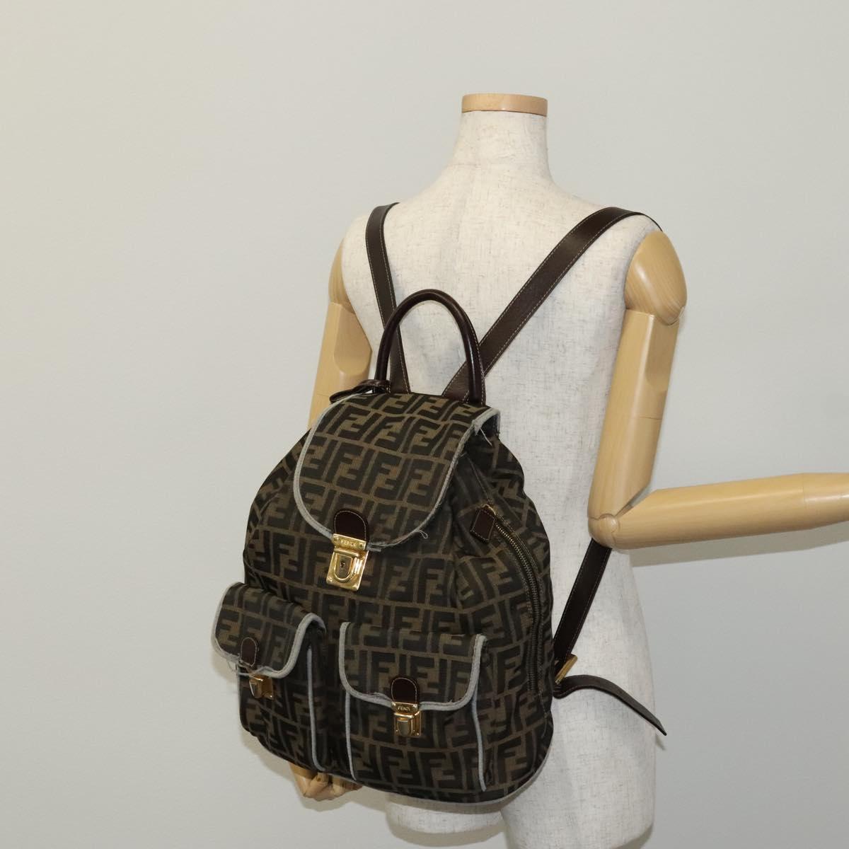 FENDI Zucca Canvas Backpack Brown Black gold Auth 111351