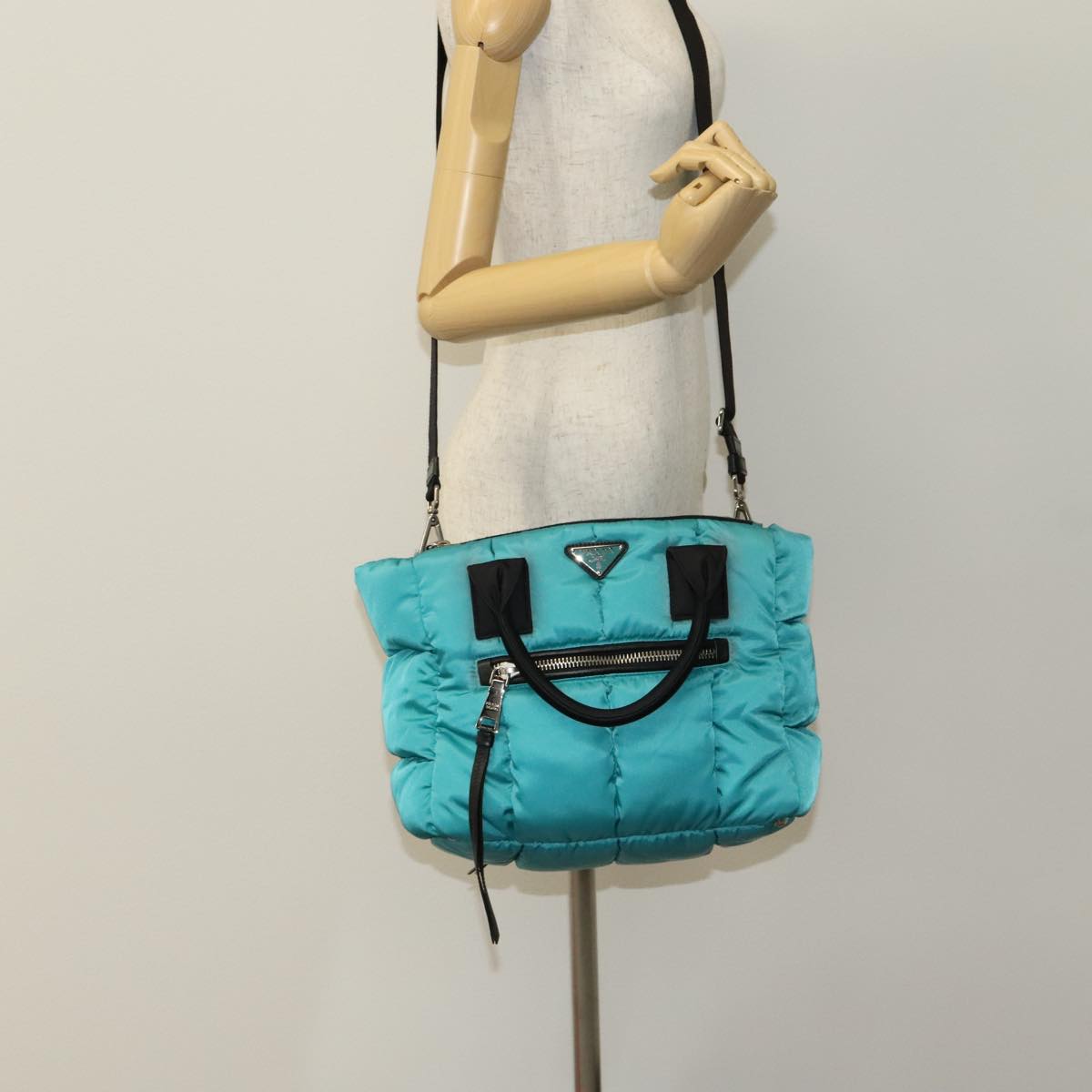 PRADA Hand Bag Nylon 2way Turquoise Blue Auth 111354V
