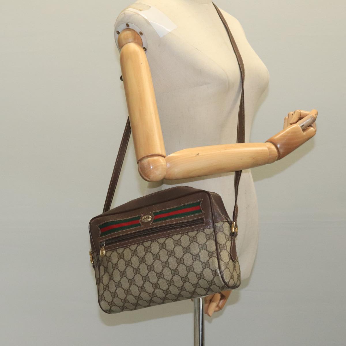 GUCCI GG Supreme Web Sherry Line Shoulder Bag PVC Beige 56 02 088 Auth 111361