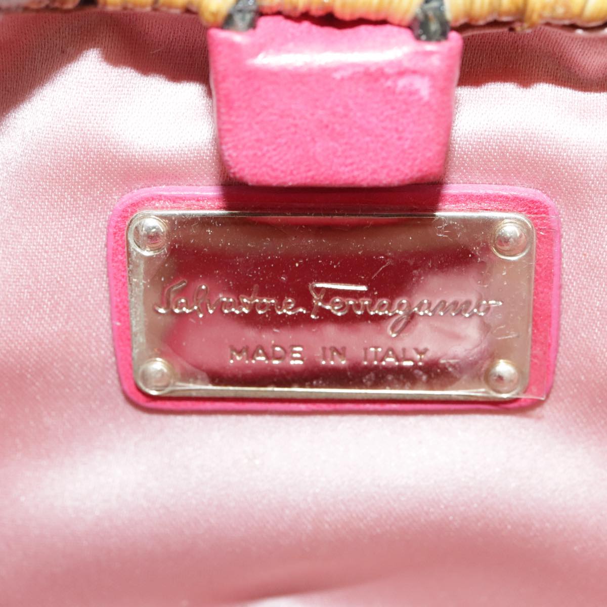 Salvatore Ferragamo Chain Shoulder Bag Satin Wicker Pink Auth 111370