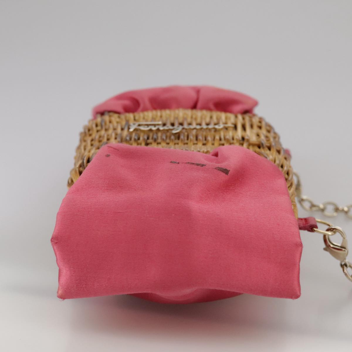 Salvatore Ferragamo Chain Shoulder Bag Satin Wicker Pink Auth 111370