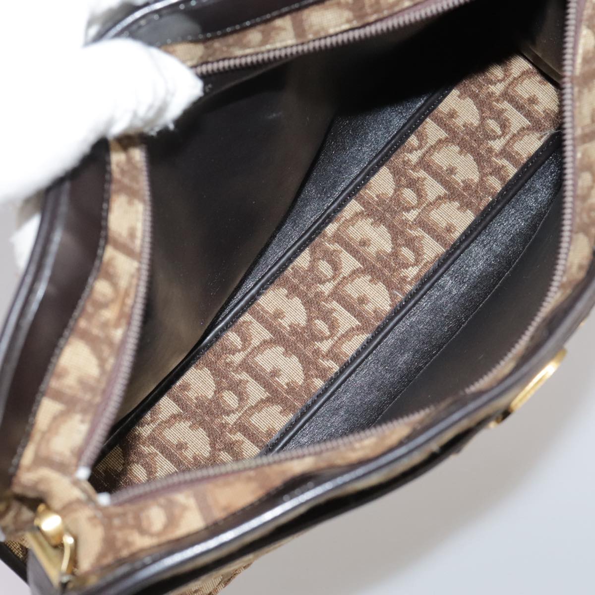 Christian Dior Trotter Canvas Shoulder Bag Gold Brown Auth 111398
