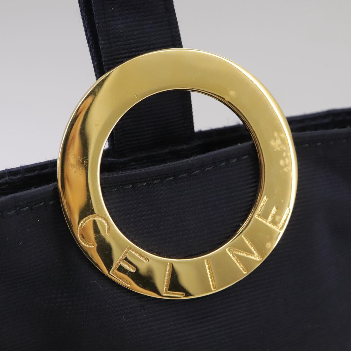 CELINE Circle Pouch Nylon Navy Gold Auth 111410