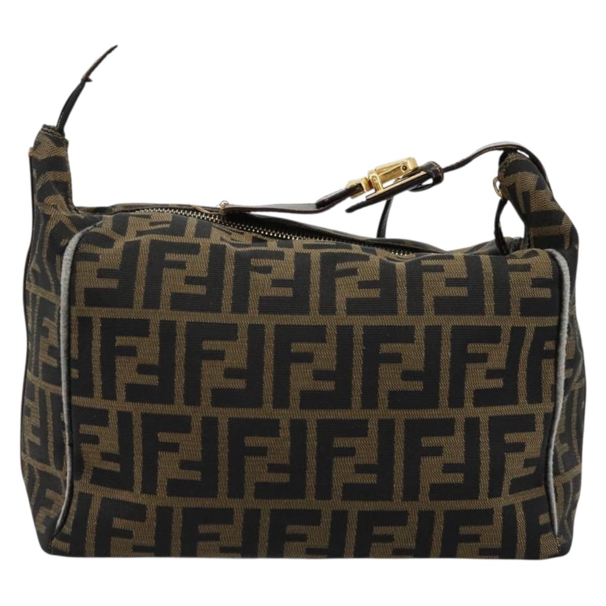 FENDI Zucca Canvas Vanity Pouch Brown Black gold Auth 111462