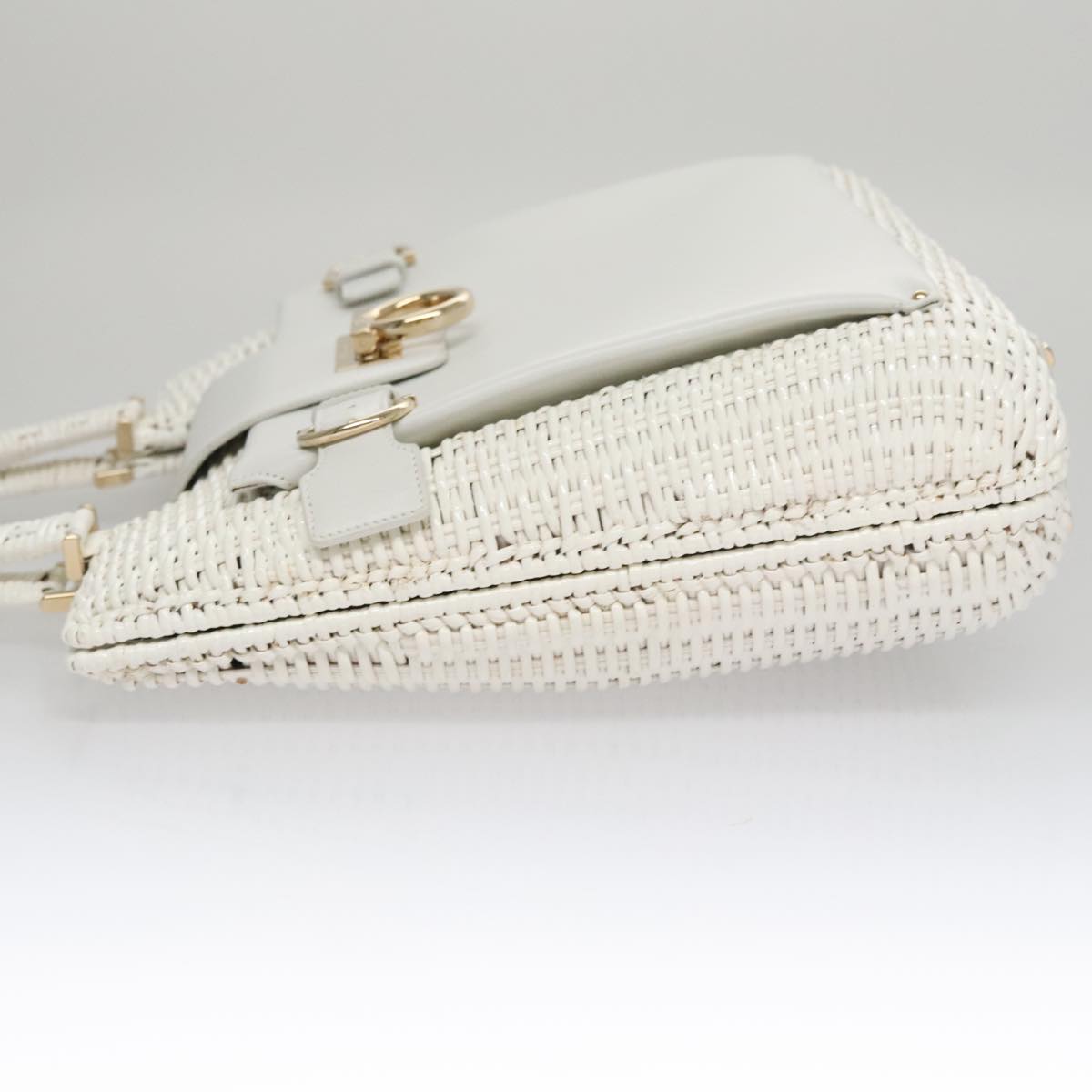 Salvatore Ferragamo Gancini Hand Bag Wicker White Auth 111468