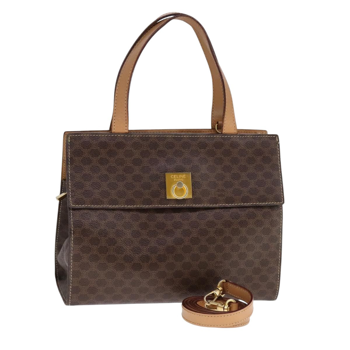 CELINE Macadam Canvas Hand Bag PVC Leather 2way Brown Auth 111490