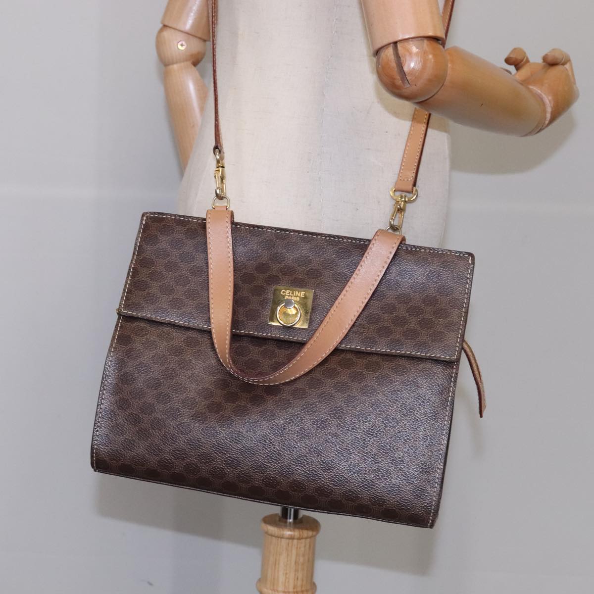 CELINE Macadam Canvas Hand Bag PVC Leather 2way Brown Auth 111490