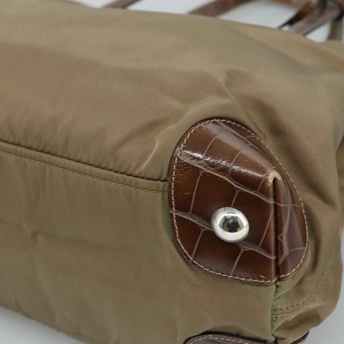 PRADA Tote Bag Nylon Leather Khaki Brown Silver Auth 111593