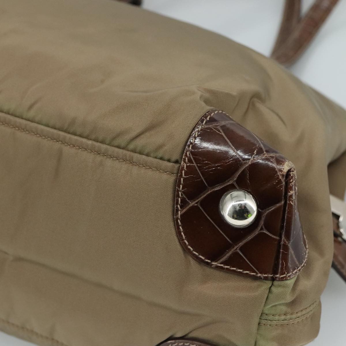 PRADA Tote Bag Nylon Leather Khaki Brown Silver Auth 111593