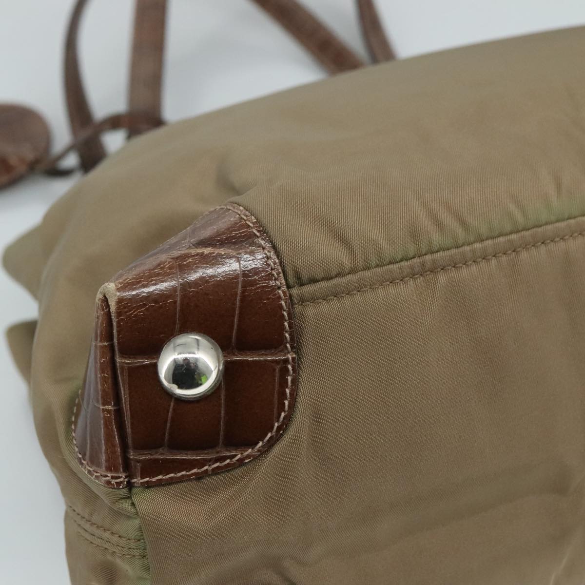 PRADA Tote Bag Nylon Leather Khaki Brown Silver Auth 111593