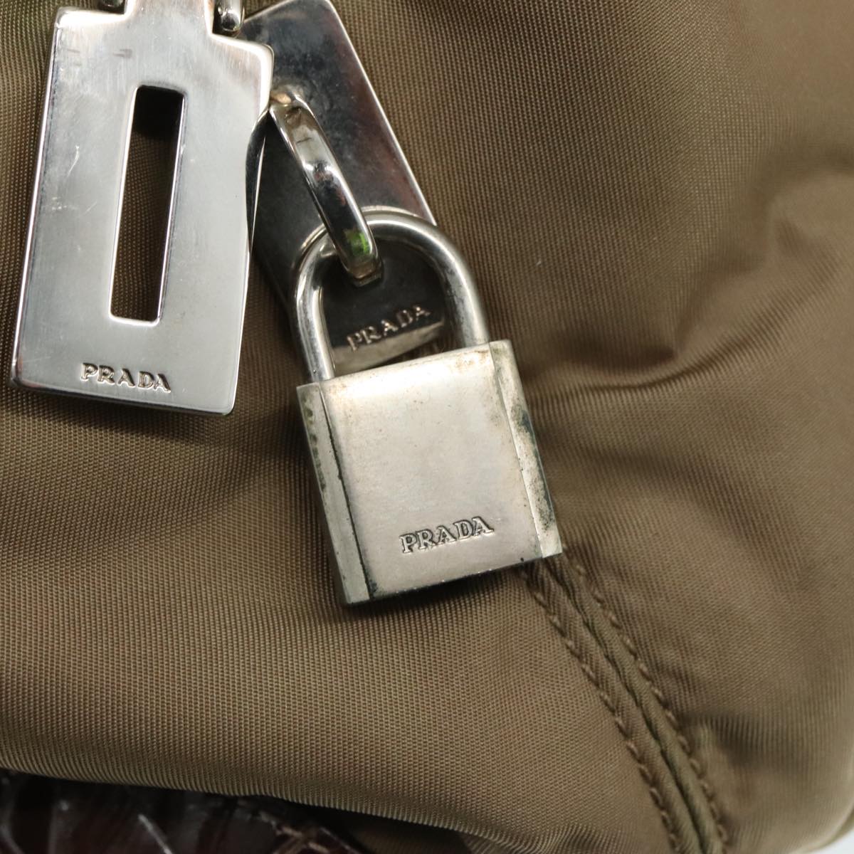 PRADA Tote Bag Nylon Leather Khaki Brown Silver Auth 111593
