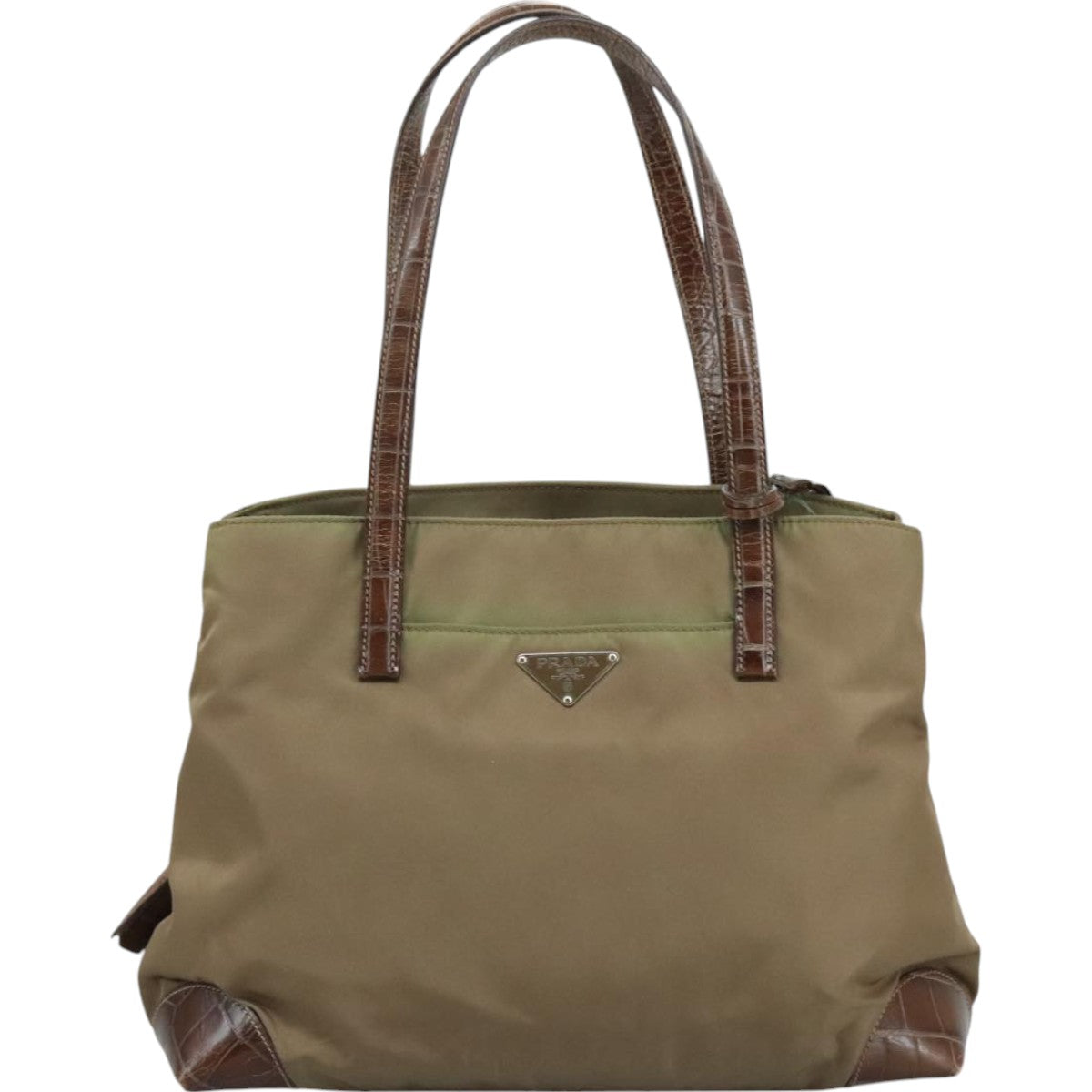 PRADA Tote Bag Nylon Leather Khaki Brown Silver Auth 111593