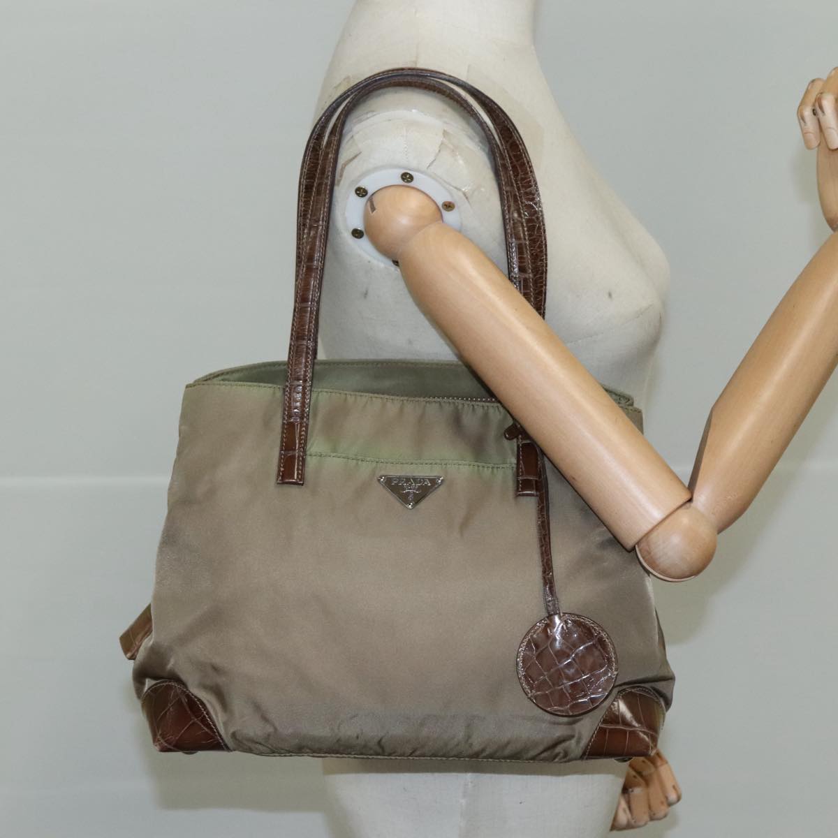 PRADA Tote Bag Nylon Leather Khaki Brown Silver Auth 111593