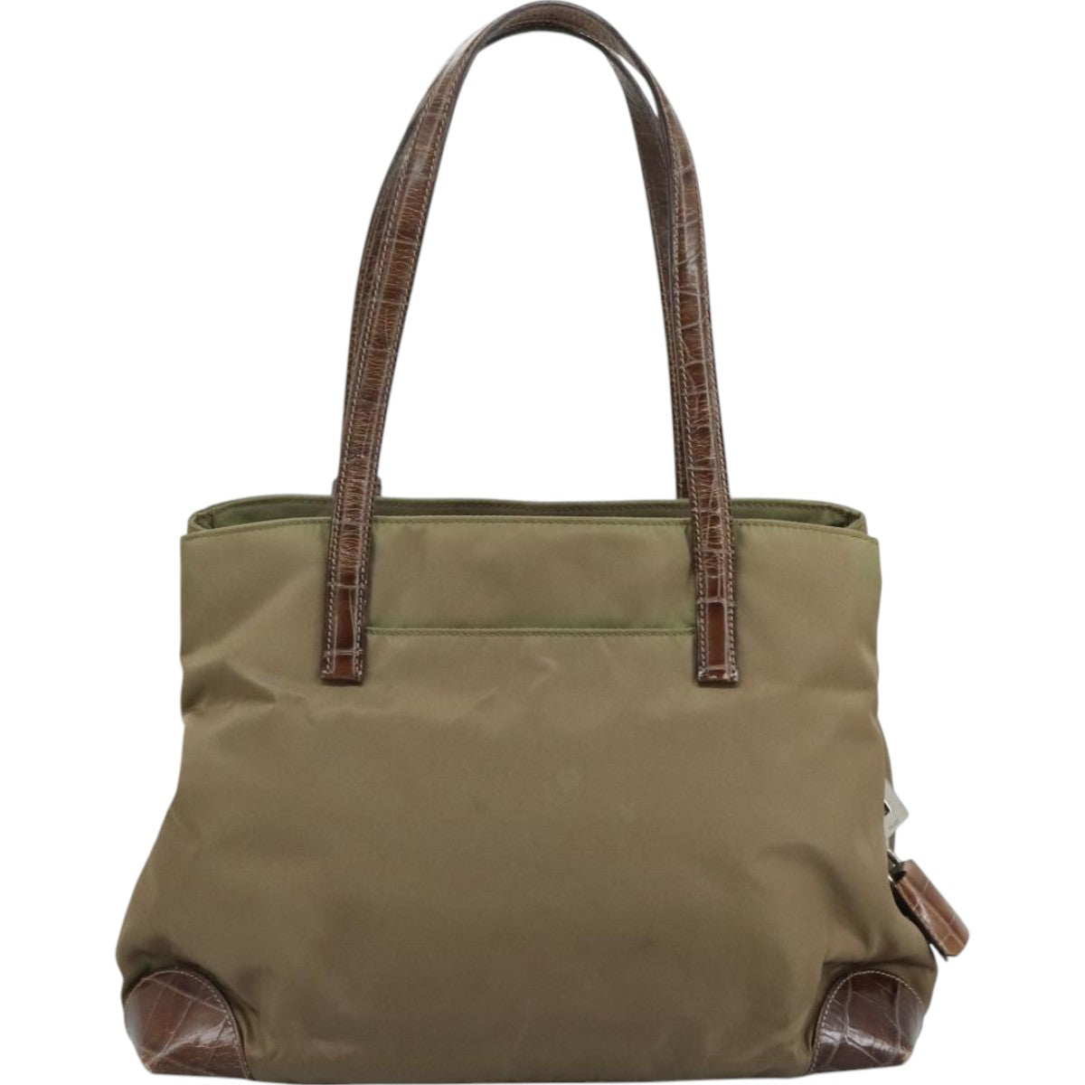 PRADA Tote Bag Nylon Leather Khaki Brown Silver Auth 111593