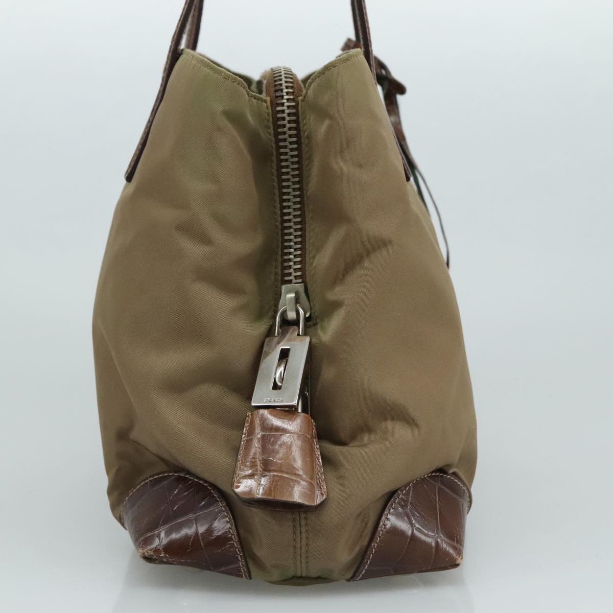 PRADA Tote Bag Nylon Leather Khaki Brown Silver Auth 111593
