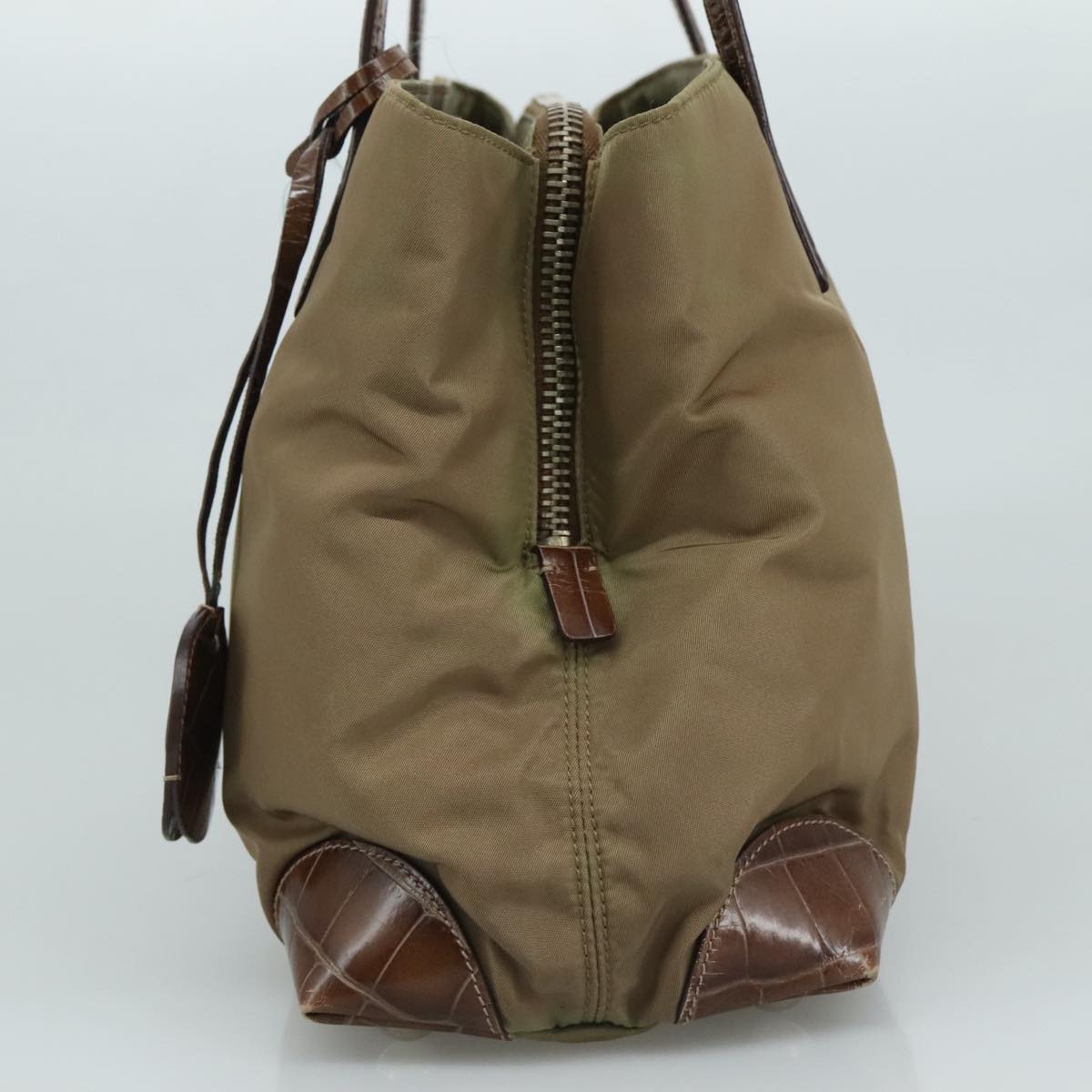PRADA Tote Bag Nylon Leather Khaki Brown Silver Auth 111593
