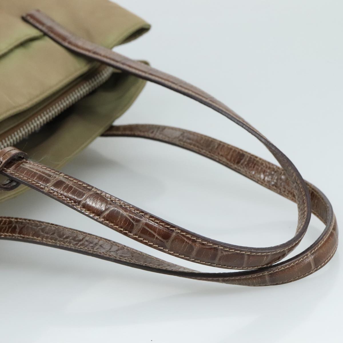 PRADA Tote Bag Nylon Leather Khaki Brown Silver Auth 111593