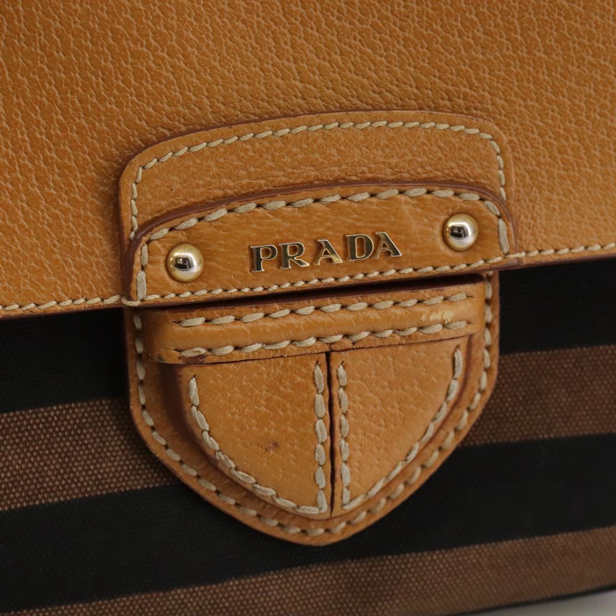 PRADA Shoulder Bag Canvas Brown Gold Auth 111606