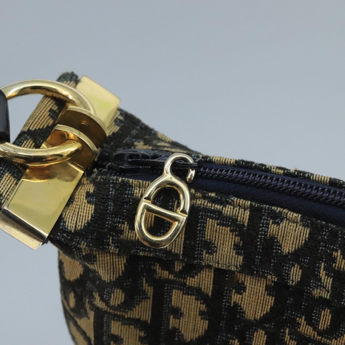 Christian Dior Trotter Canvas Shoulder Bag Navy Gold Auth 111610
