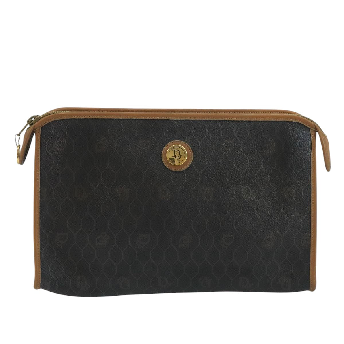 Christian Dior Honeycomb Canvas Clutch Bag PVC Leather Black Gold Auth 111627