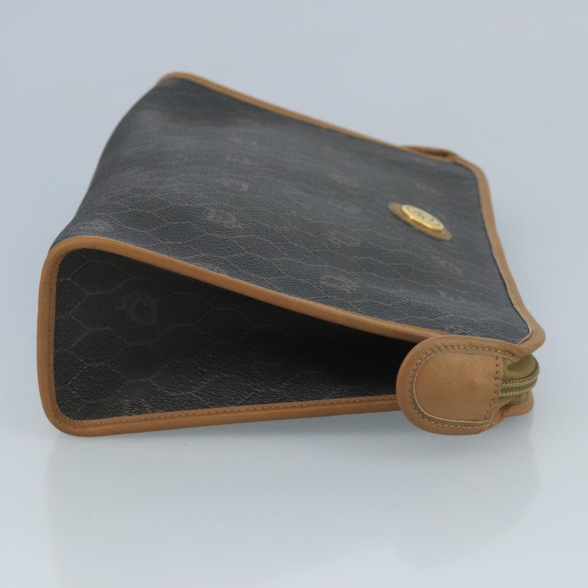 Christian Dior Honeycomb Canvas Clutch Bag PVC Leather Black Gold Auth 111627