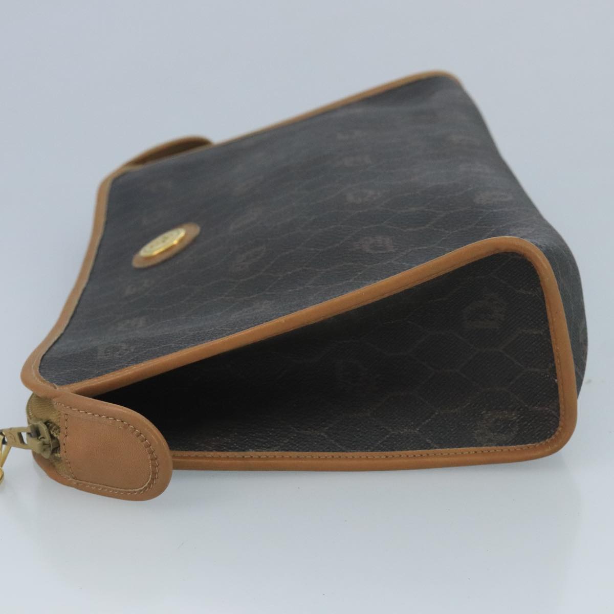 Christian Dior Honeycomb Canvas Clutch Bag PVC Leather Black Gold Auth 111627