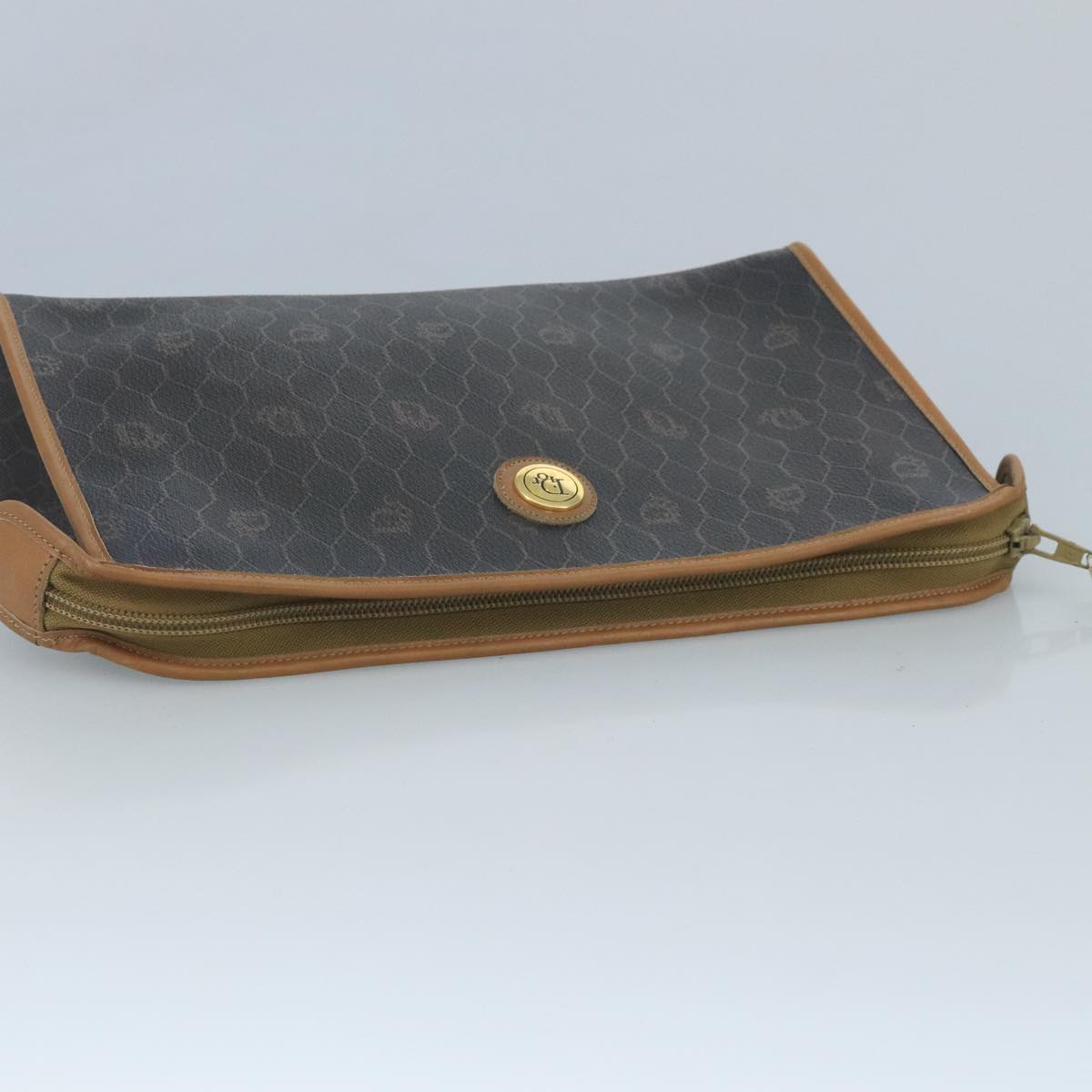 Christian Dior Honeycomb Canvas Clutch Bag PVC Leather Black Gold Auth 111627