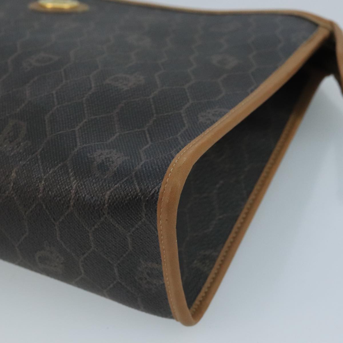 Christian Dior Honeycomb Canvas Clutch Bag PVC Leather Black Gold Auth 111627