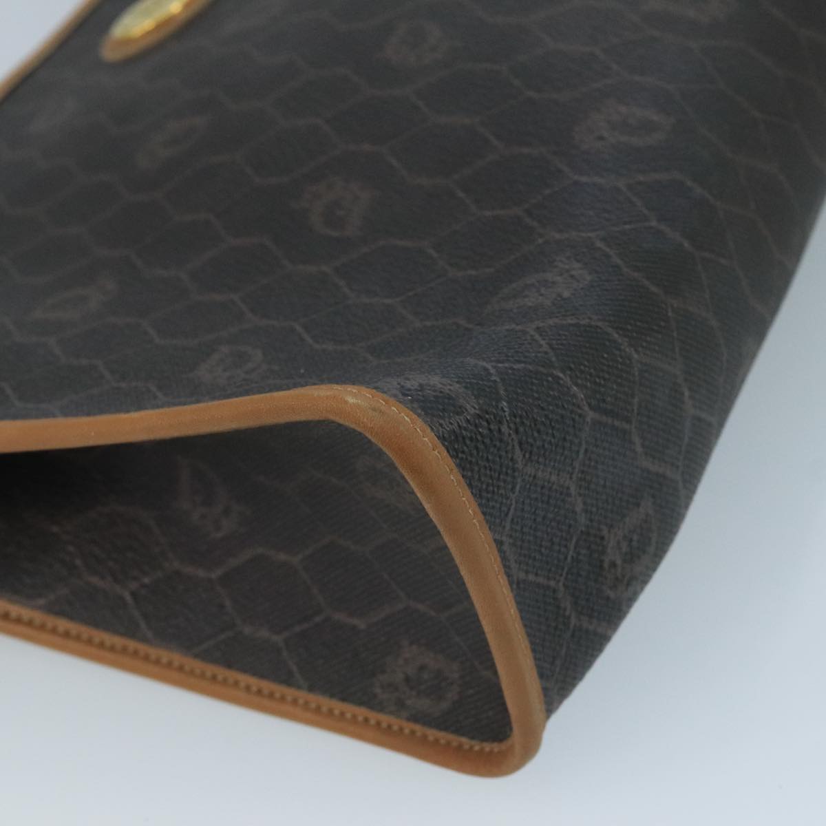 Christian Dior Honeycomb Canvas Clutch Bag PVC Leather Black Gold Auth 111627