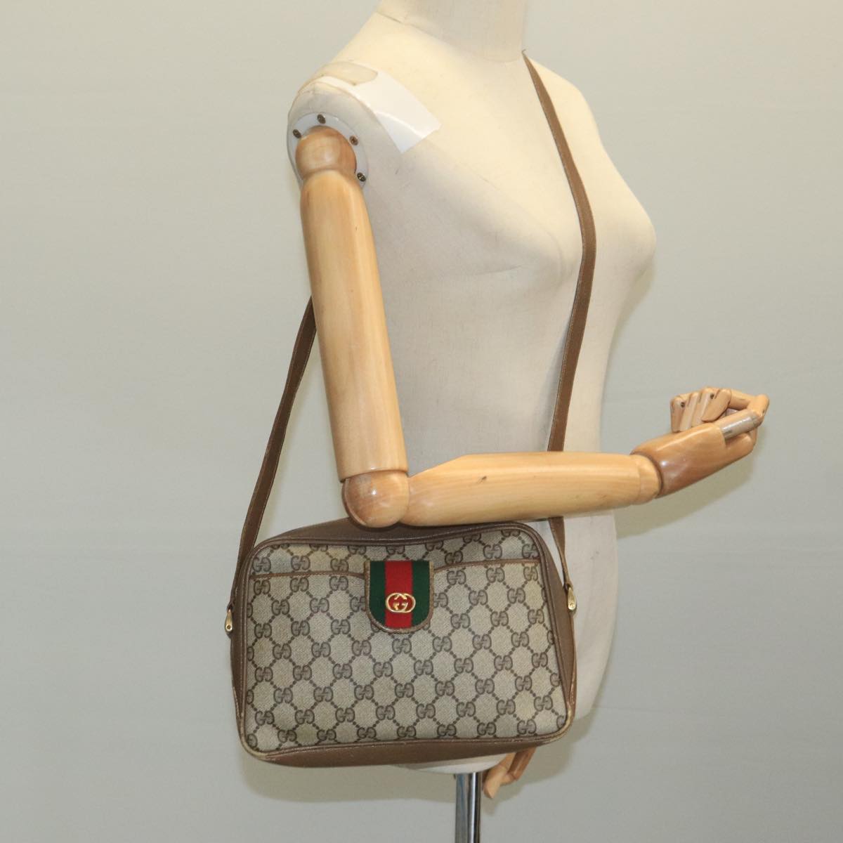 GUCCI GG Supreme Web Sherry Line Shoulder Bag PVC Beige Red Green Auth 111654