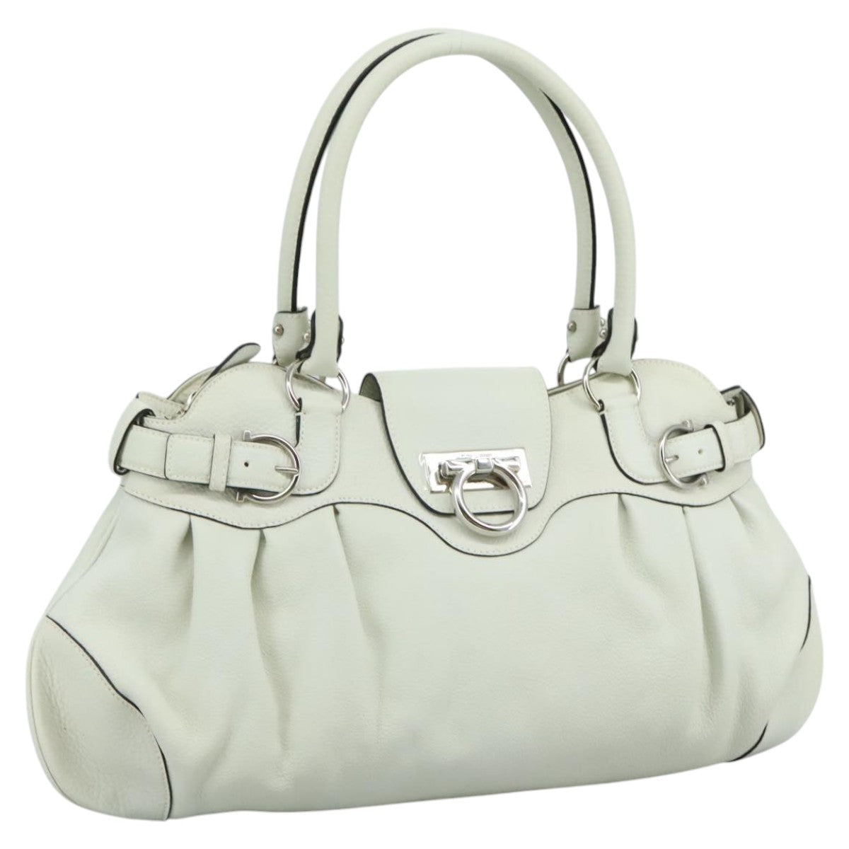 Salvatore Ferragamo Gancini Hand Bag Leather White Silver Auth 111747