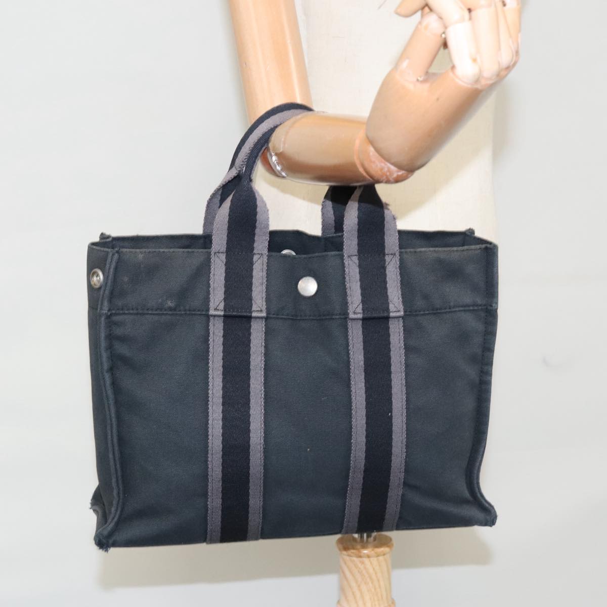 HERMES Fourre Tout PM Hand Bag Canvas Black Gray Silver Auth 111811