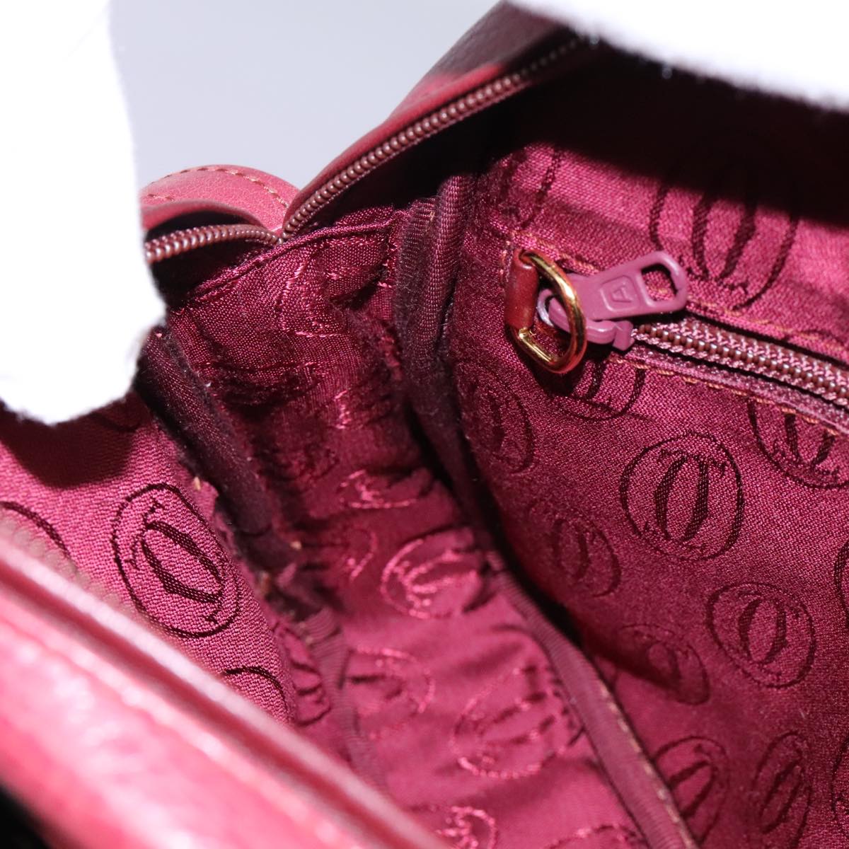 CARTIER Shoulder Bag Leather Red Gold Auth 112095