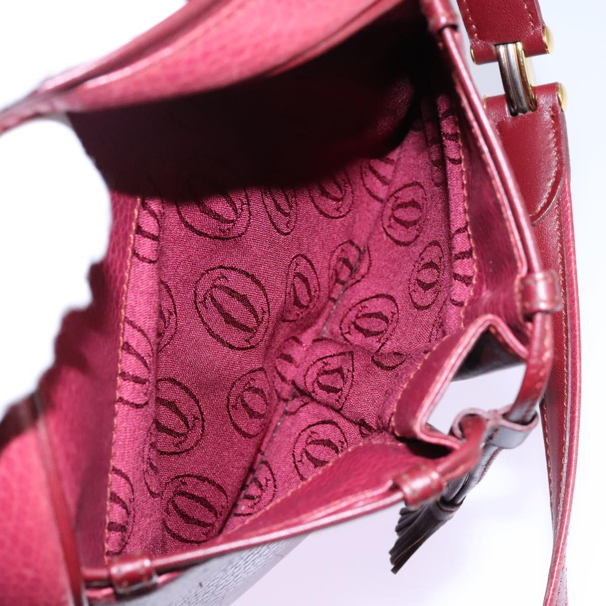 CARTIER Shoulder Bag Leather Red Gold Auth 112095