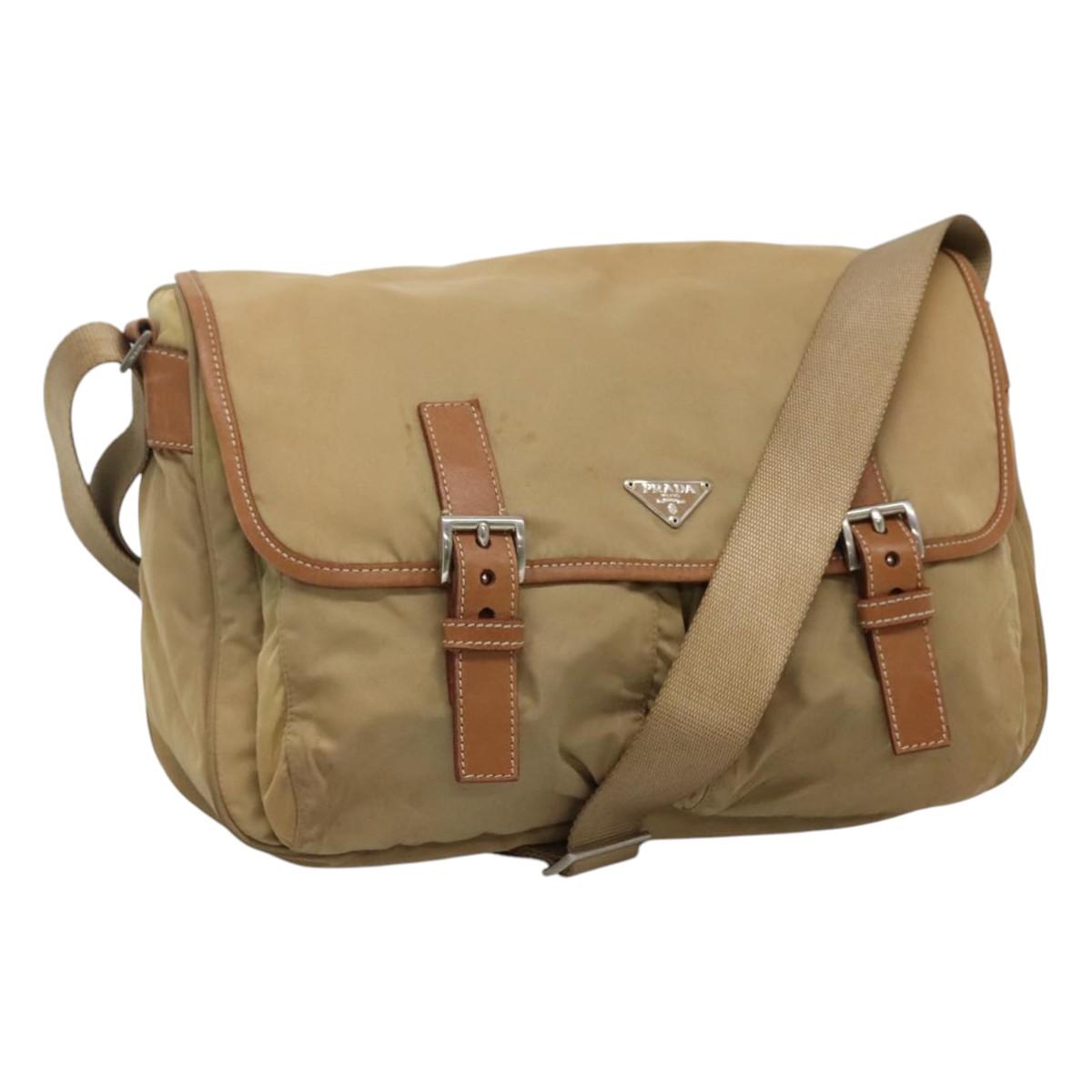 PRADA Shoulder Bag Nylon Beige Brown Silver Auth 112279