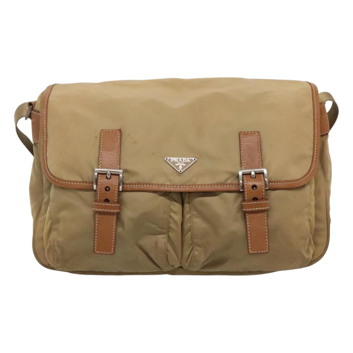 PRADA Shoulder Bag Nylon Beige Brown Silver Auth 112279