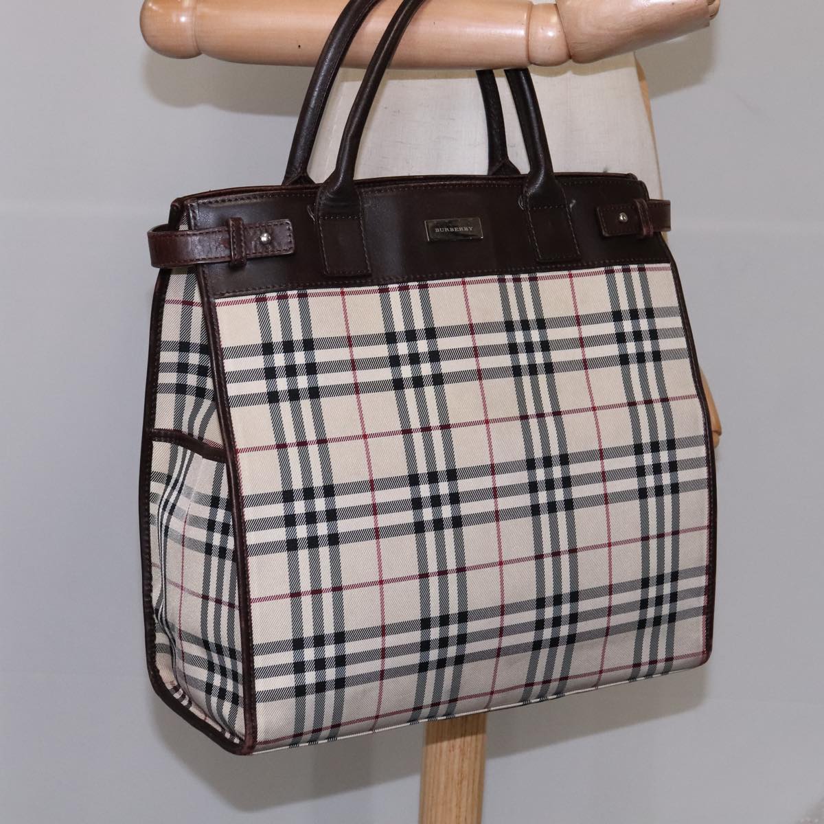 BURBERRY Nova Check Hand Bag Canvas Leather Beige Brown Silver Auth 112330